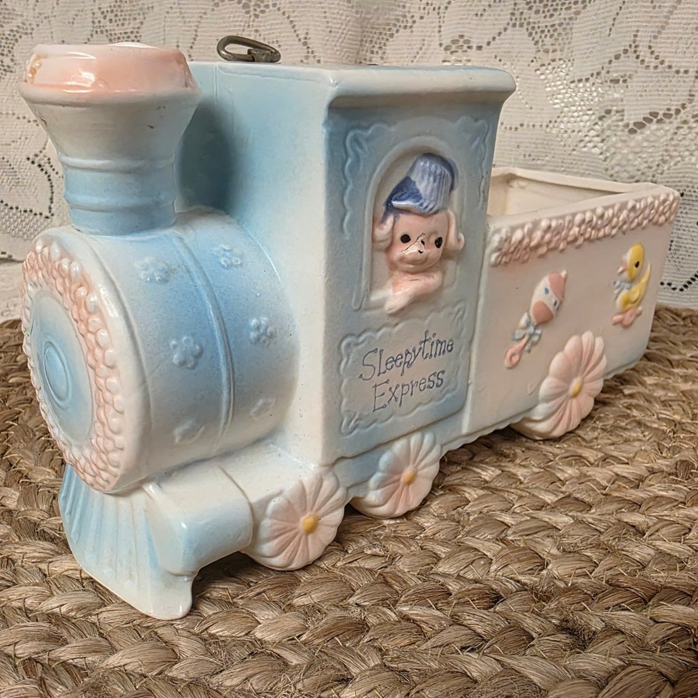 Napco Sleepytime Express Train Planter Music Box C-6898‎ Blue Pink Nursery Decor